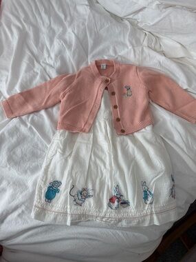 Girls Pink Knit Cardigan and White Embroidered Dress Set, Peter rabbit